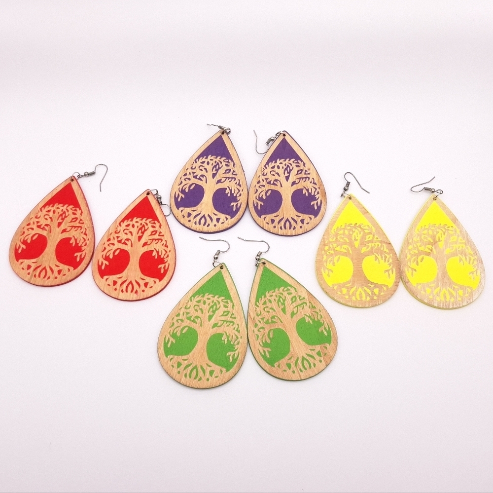NWOT 1 PAIR Boho teardrop wooden dangle earrings w/tree of life, Red is sold - Picture 2 of 2